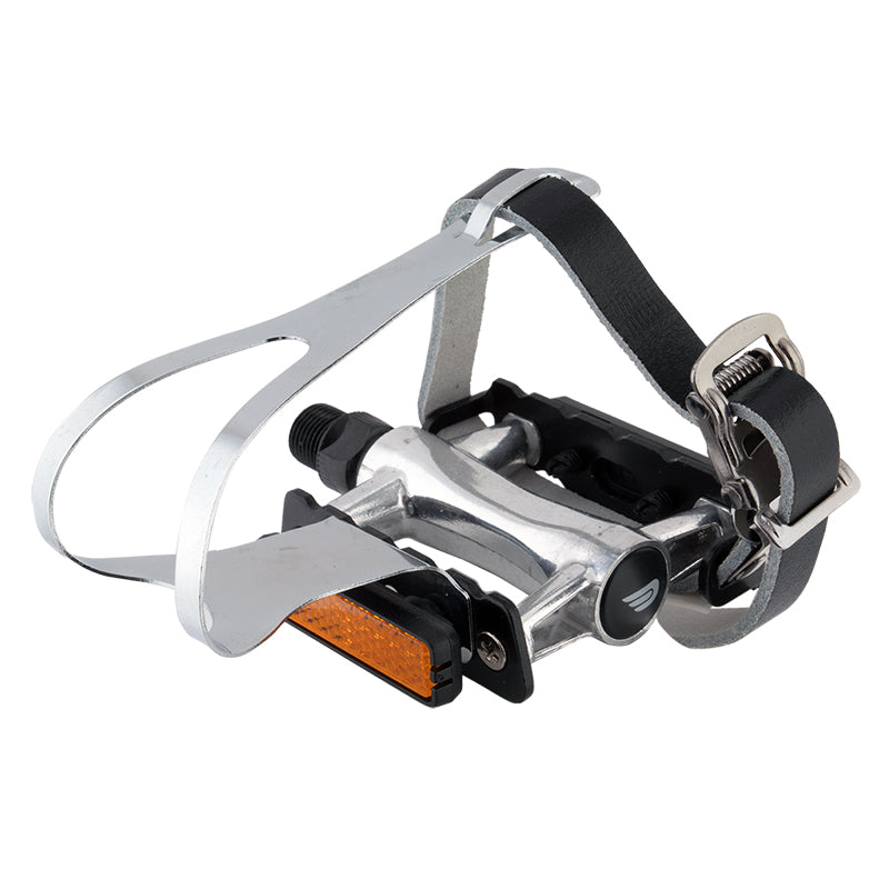 Pure cycles Premium Pedals with Leather Straps 9/16` Silver Clips & Straps Alloy